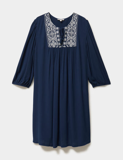 Robe fluide brod&eacute;e manches 3/4 bleu marine femme