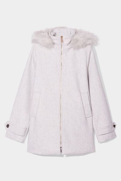 Manteau zippé à capuche fausse fourrure gris clair femme