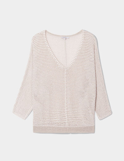 Pull col en V ajouré ecru femme grande taille