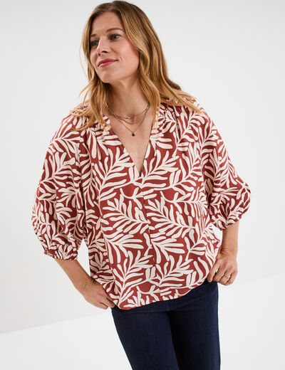 Blouse manches 3/4 ballons col tunisien terracotta femme