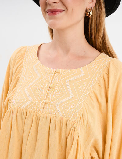 Blouse brodée manches ballons jaune clair femme