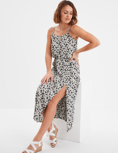 Robe midi à bretelles taille élastiquée noir femme