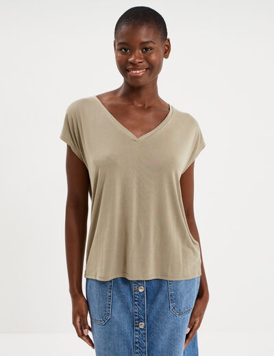 T-shirt col en V manches courtes taupe femme