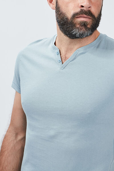 T-shirt manches courtes col tunisien bleu gris homme