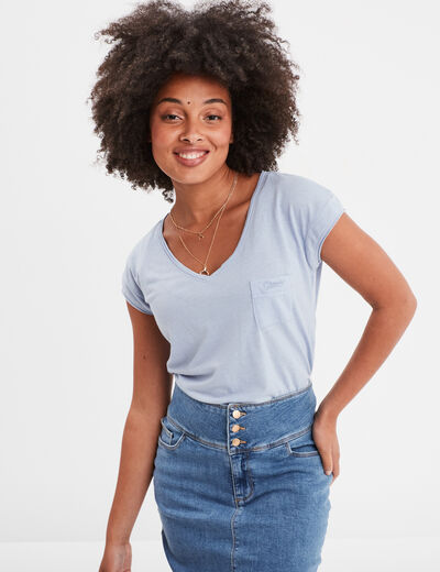 T-shirt col v poche poitrine Creeks bleu clair femme