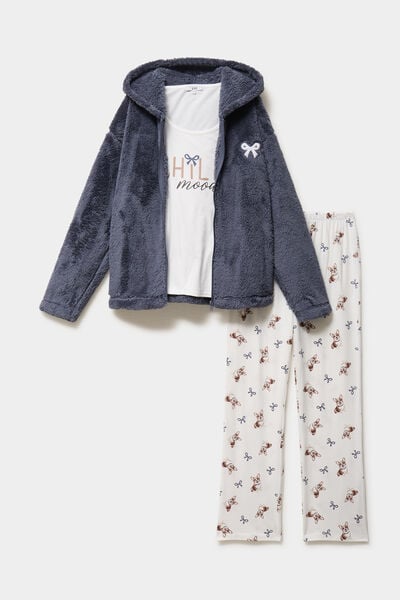 Ensemble pyjama 3 pi&egrave;ces veste polaire ecru femme