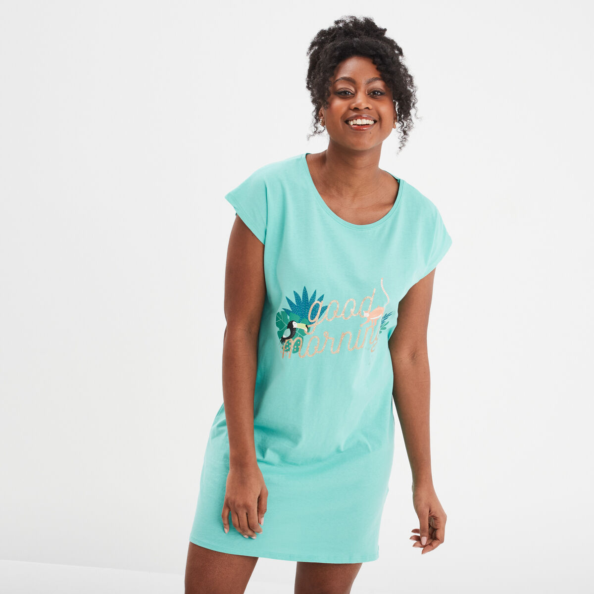 Chemise de nuit manches courtes coton bleu turquoise femme