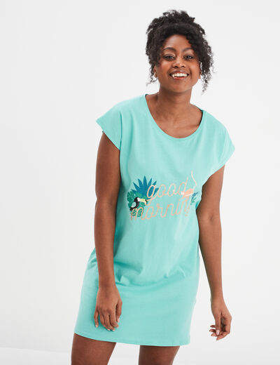 Chemise de nuit manches courtes coton bleu turquoise femme