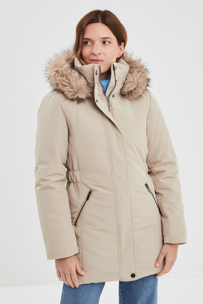 Parka mi-longue à capuche fourrure beige femme