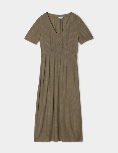 Robe longue empire fils métallisés vert kaki femme