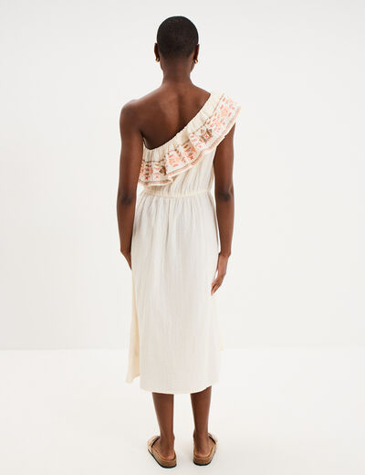 Robe asym&eacute;trique col brod&eacute; gaze de coton creme femme