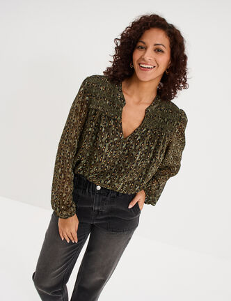 Blouse col tunisien manches longues vert kaki femme