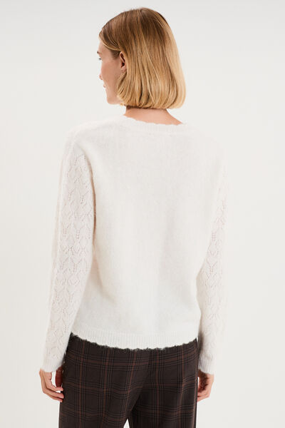 Pull col V ajour&eacute; manches longues blanc femme