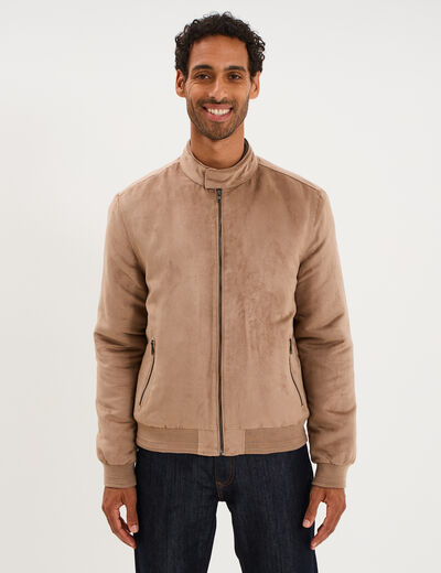 Blouson col biker en su&eacute;dine zipp&eacute; taupe homme