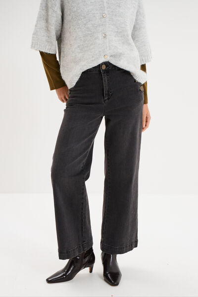 Jean large cropped &agrave; pont taille haute denim noir femme