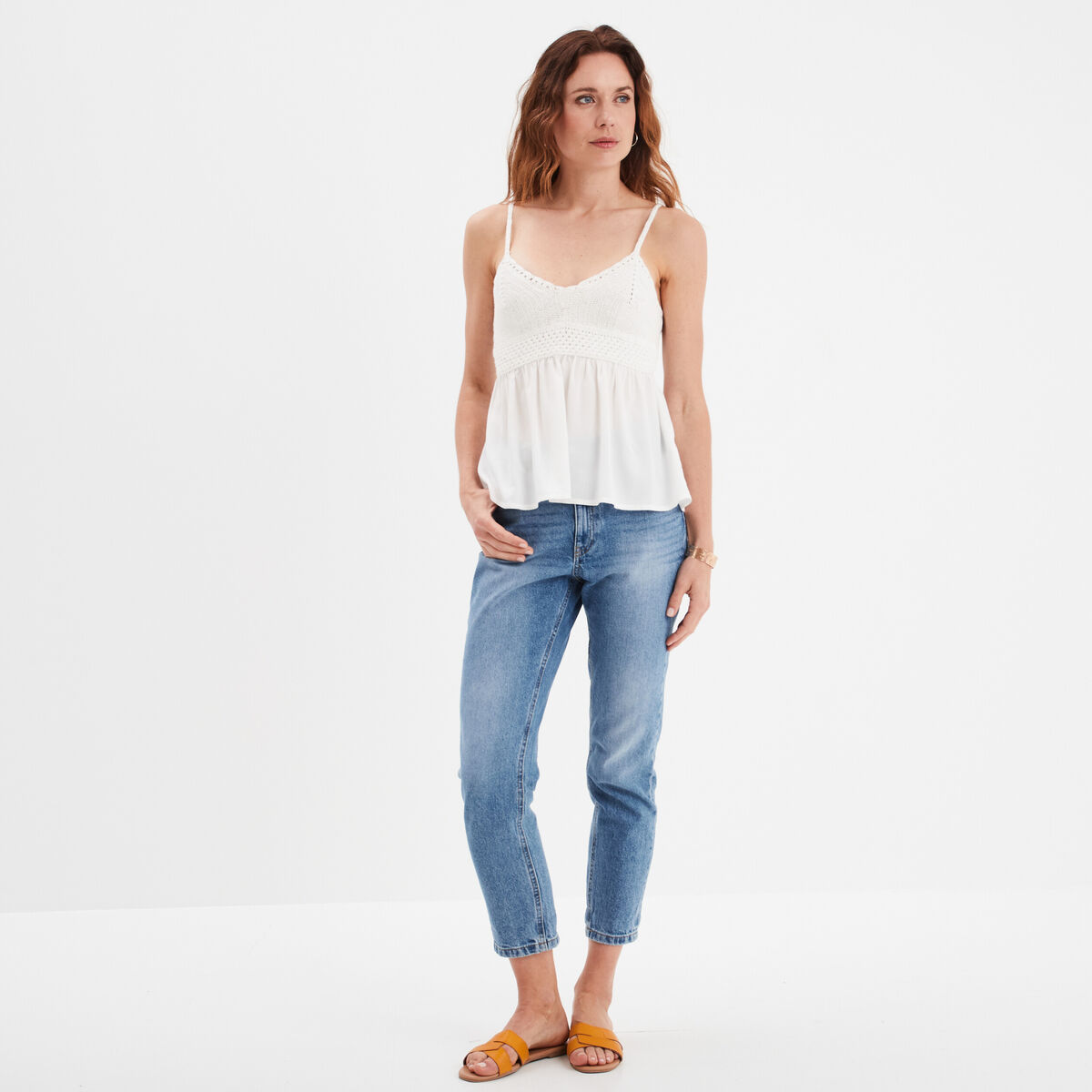Débardeur avec crochet et dos smocké blanc femme
