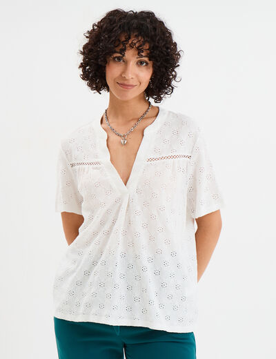 T-shirt broderie anglaise col tunisien blanc femme