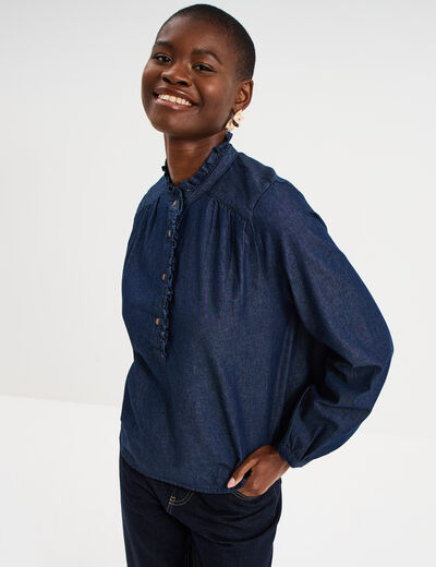 Blouse en jean col montant &agrave; volants denim brut femme