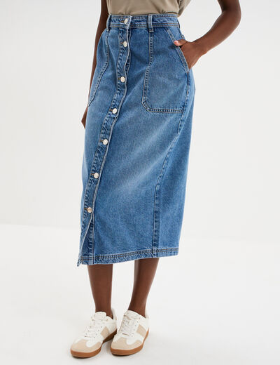 Jupe longue en jean droite boutonn&eacute;e denim stone femme