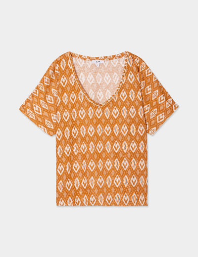 T-shirt col en V manches courtes jaune moutarde femme