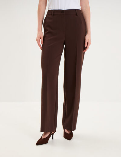 Pantalon droit effet cr&ecirc;pe &agrave; pinces marron fonc&eacute; femme