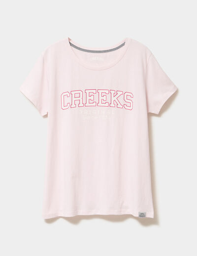 T-shirt col rond manches courtes rose clair femme