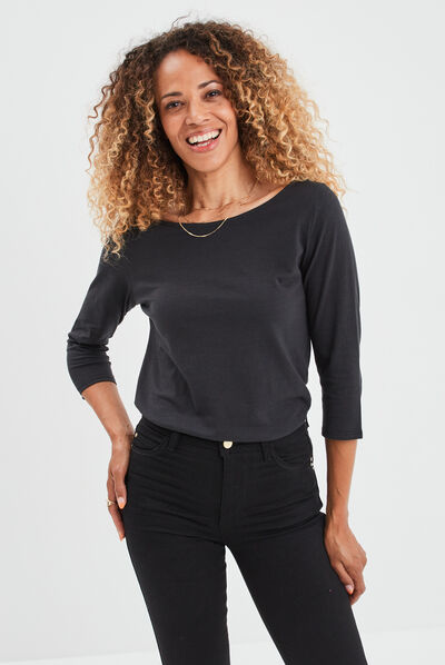 T-shirt col bateau manches 3/4 noir femme