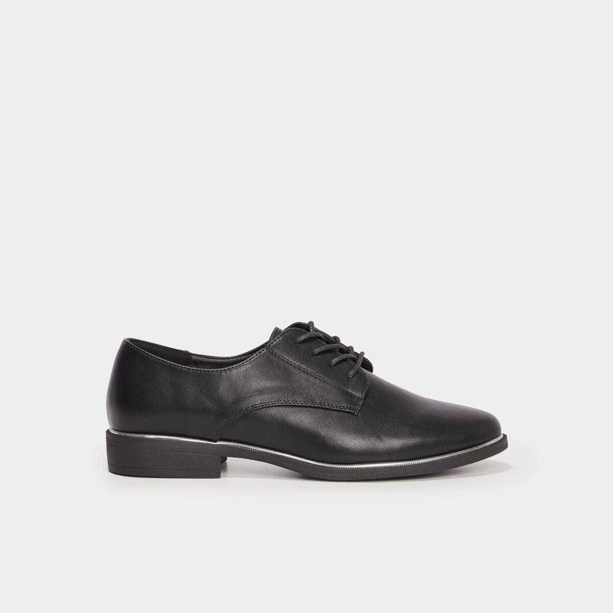 Derbies liser&eacute;s m&eacute;tallis&eacute;s talon plat noir femme