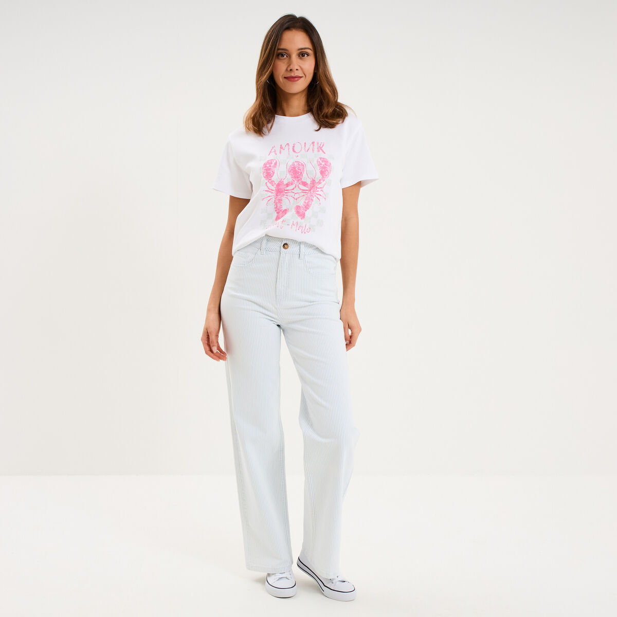 T-shirt col rond manches courtes coton blanc femme