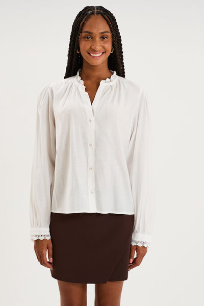 Blouse manches longues col dentelle blanc femme