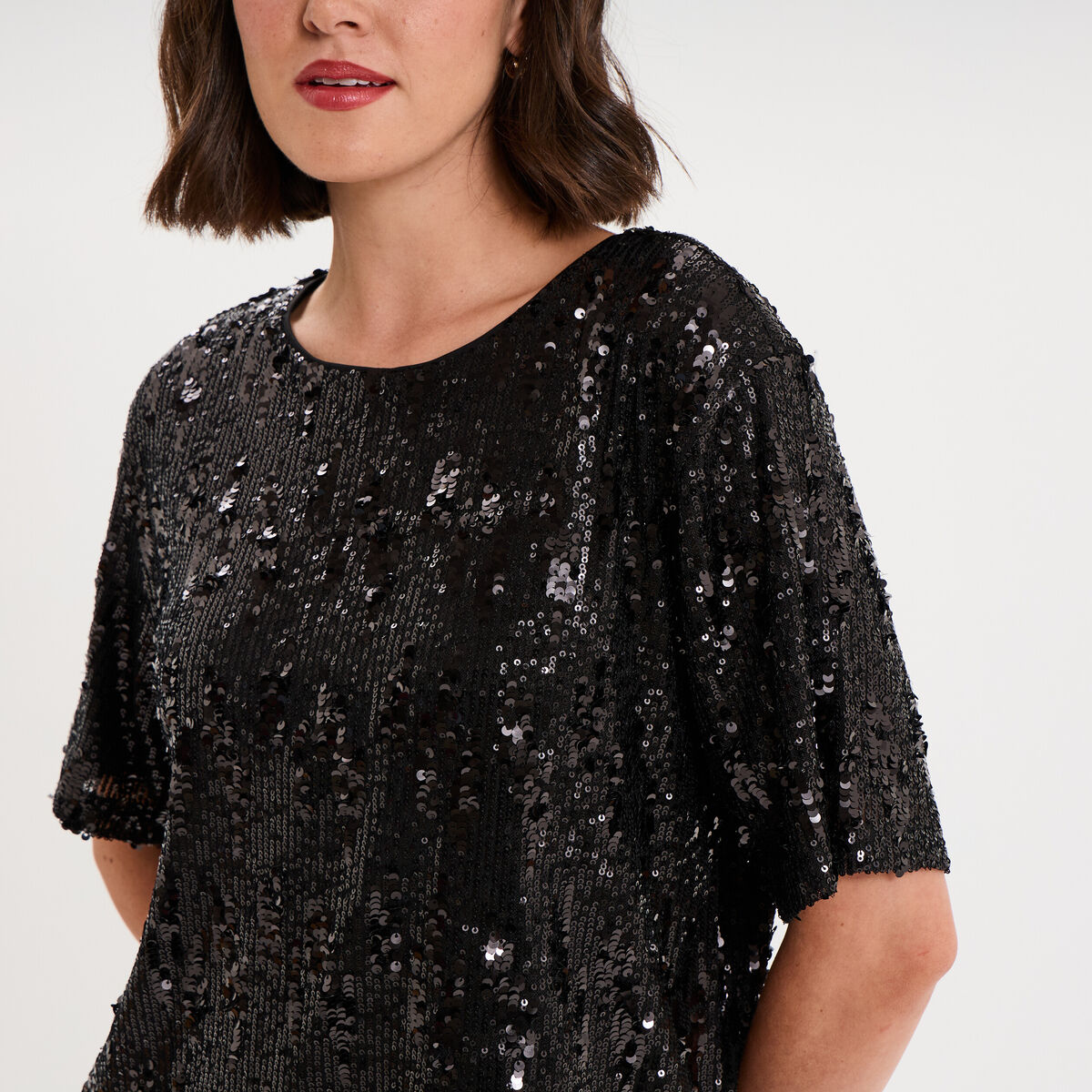T-shirt &agrave; sequins manches courtes noir femme
