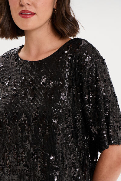 T-shirt &agrave; sequins manches courtes noir femme