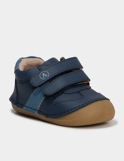 Bottillons &agrave; scratchs en cuir bleu marine b&eacute;b&eacute; gar&ccedil;on
