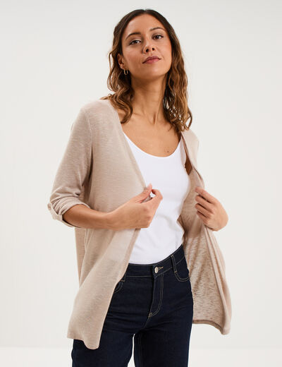 Gilet fin mi long manches 3/4 beige femme
