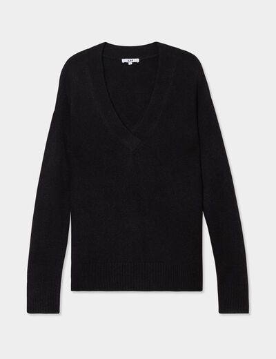 Pull droit ample col V fentes aux côtés noir femme