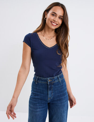 T-shirt col V ajusté manches courtes bleu marine femme