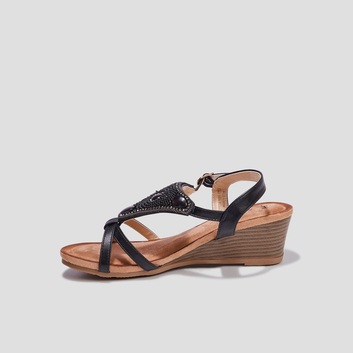 Sandales compensées bijoux et perles noir femme