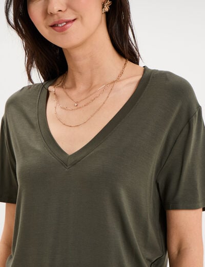T-shirt fluide col en V manches courtes vert kaki femme