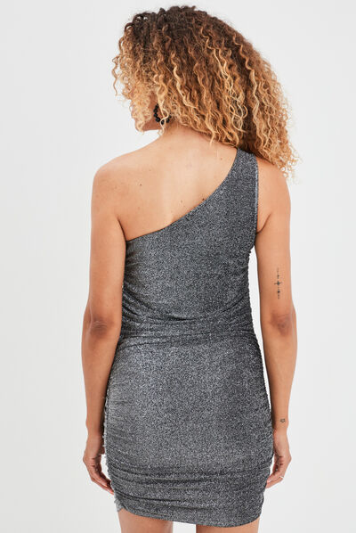 Robe métallisée moulante asymétrique noir femme