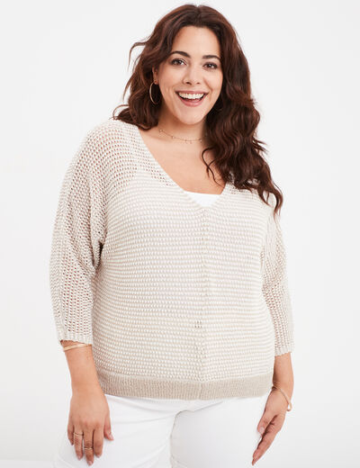 Pull col en V ajouré ecru femme grande taille