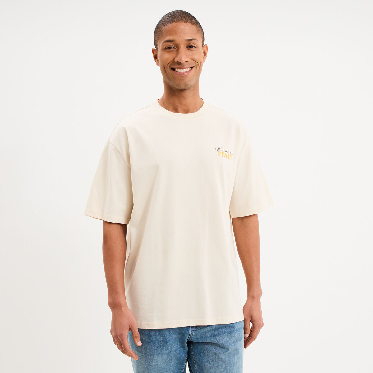T-shirt col rond relax coton &eacute;pais ecru homme