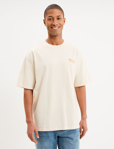 T-shirt col rond relax coton &eacute;pais ecru homme