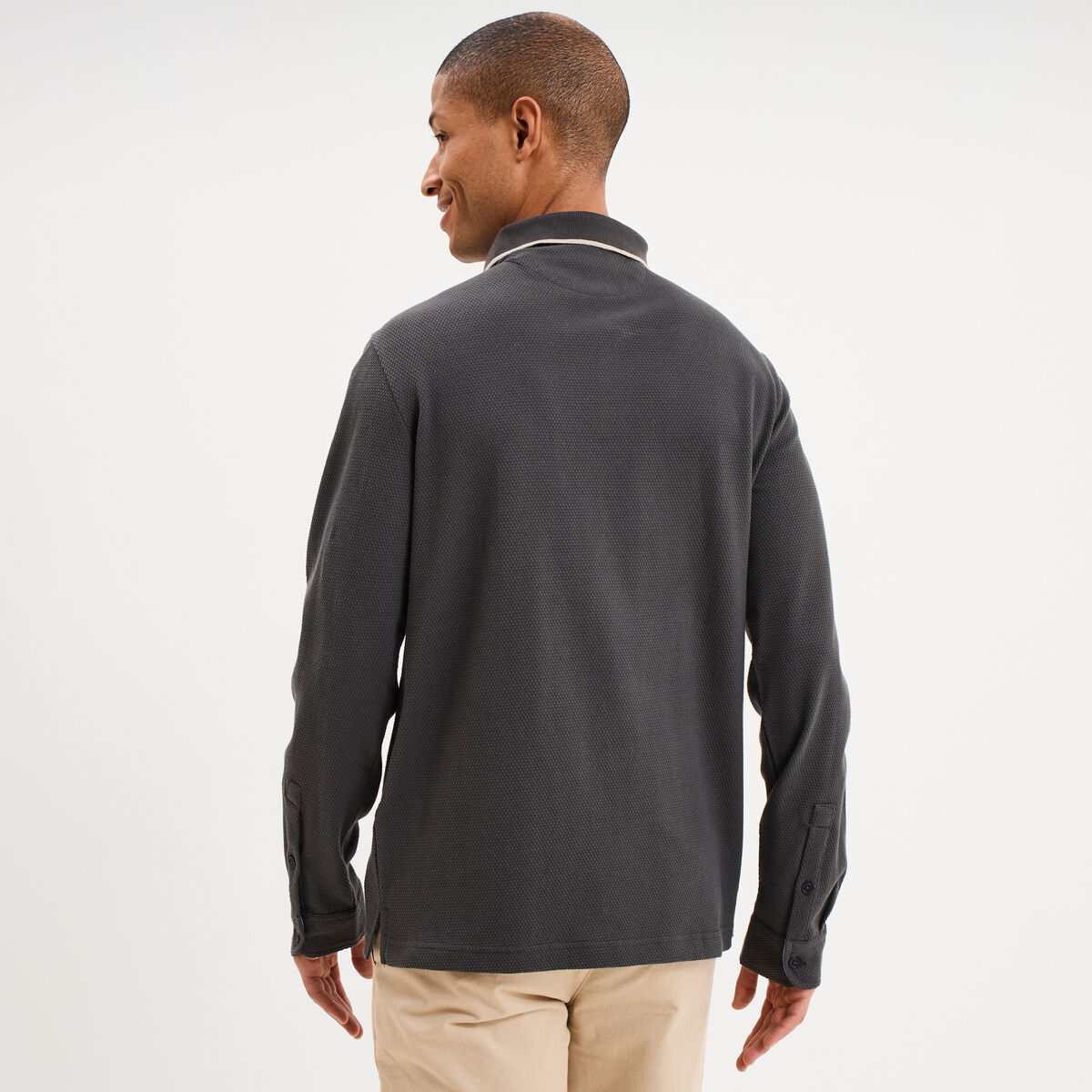 Polo piqu&eacute; droit manches longues coton gris homme