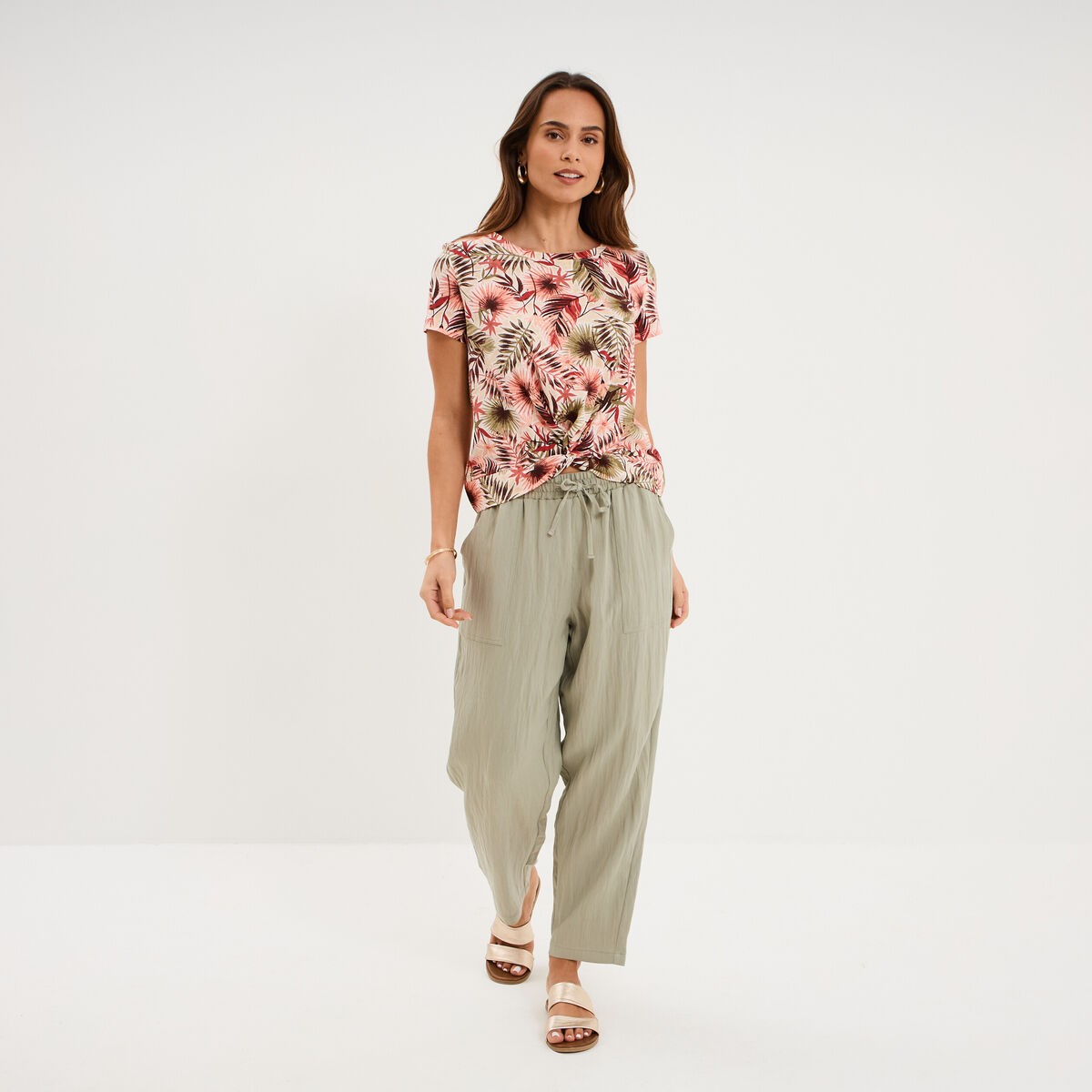 T-shirt taille effet nou&eacute; coton vert kaki femme