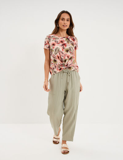 T-shirt taille effet nou&eacute; coton vert kaki femme