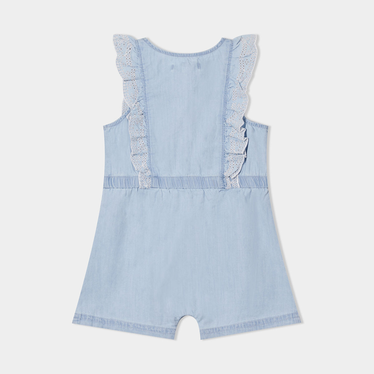 Combishort en jean volants brod&eacute;s Creeks denim bleach b&eacute;b&eacute; fille