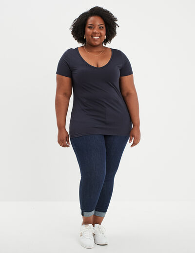 T-shirt col en V manches courtes coton bleu foncé femme grande taille