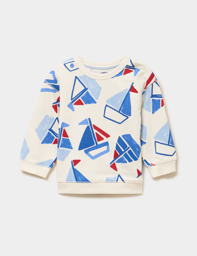 Sweat molleton col rond &eacute;paule boutonn&eacute;e ecru b&eacute;b&eacute; gar&ccedil;on