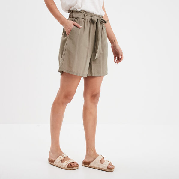 short paperbag fluide ceinture vert kaki femme Short paperbag fluide ceinturé vert kaki femme