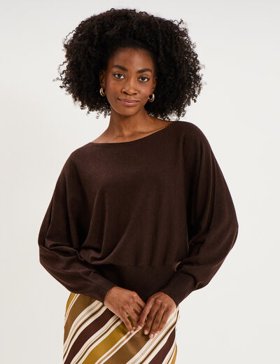Pull encolure bateau manches longues marron fonc&eacute; femme